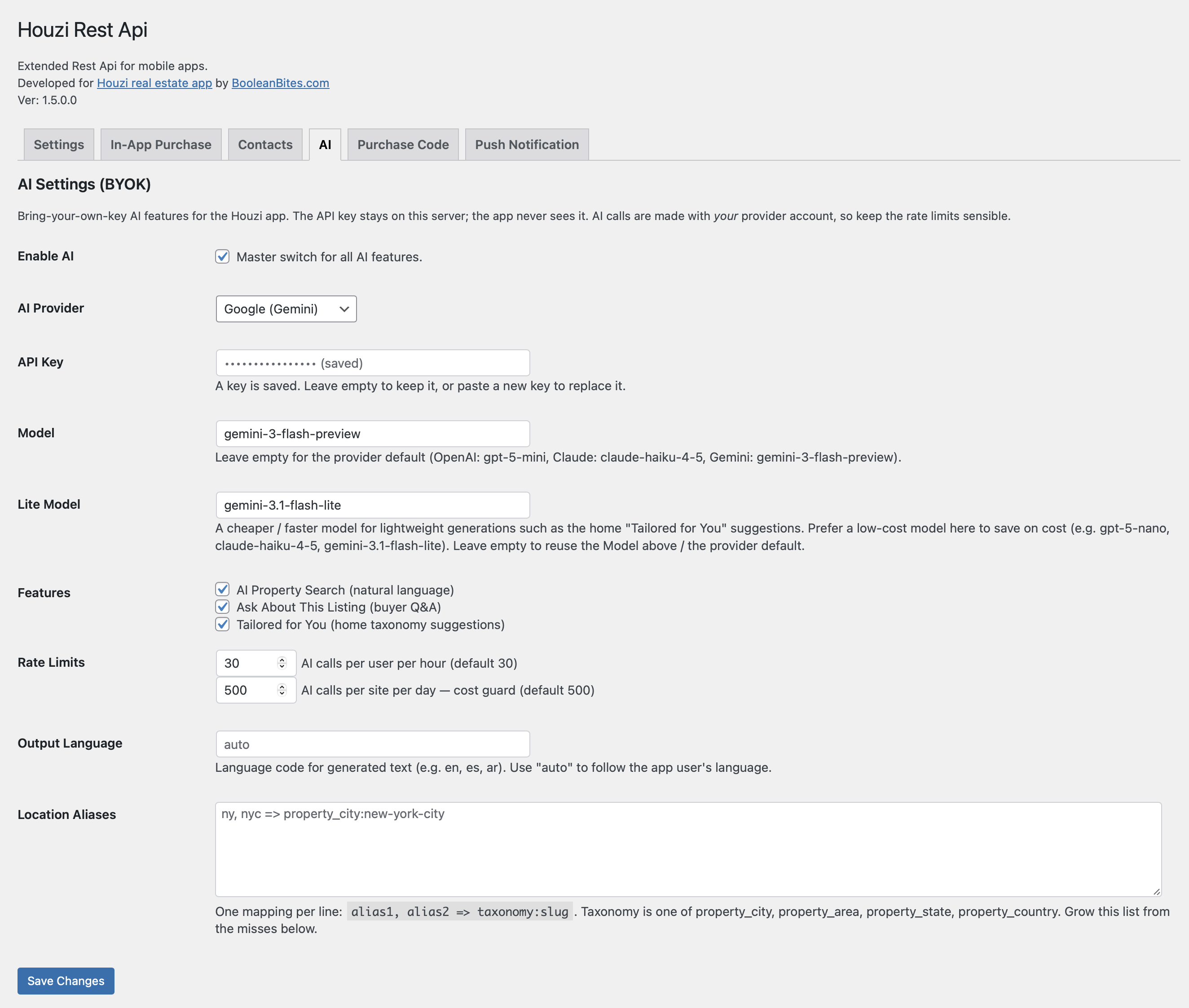Houzi Rest Api plugin AI settings tab